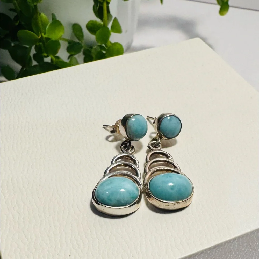 Sterling Silver 925 Larimar Drop Dangle Earrings - Picture 9 of 11